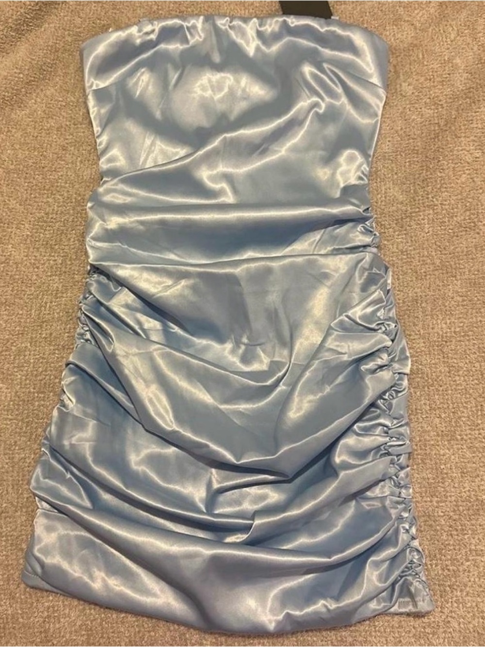 AKIRA Light Blue Satin Strapless Ruched Mini Dress